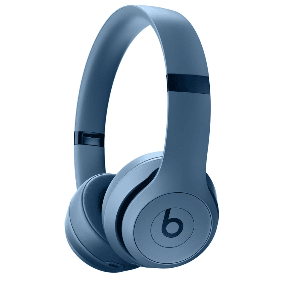 Blue wireless over-ear headphones with "b" logo on the earcup.