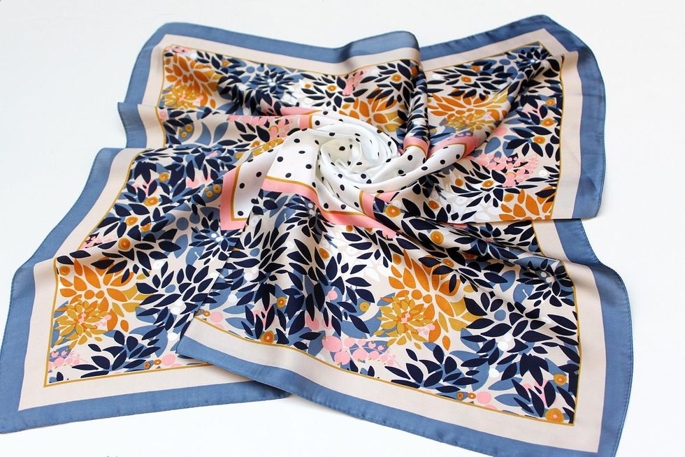 blue, yellow, and pink silk hair scarf