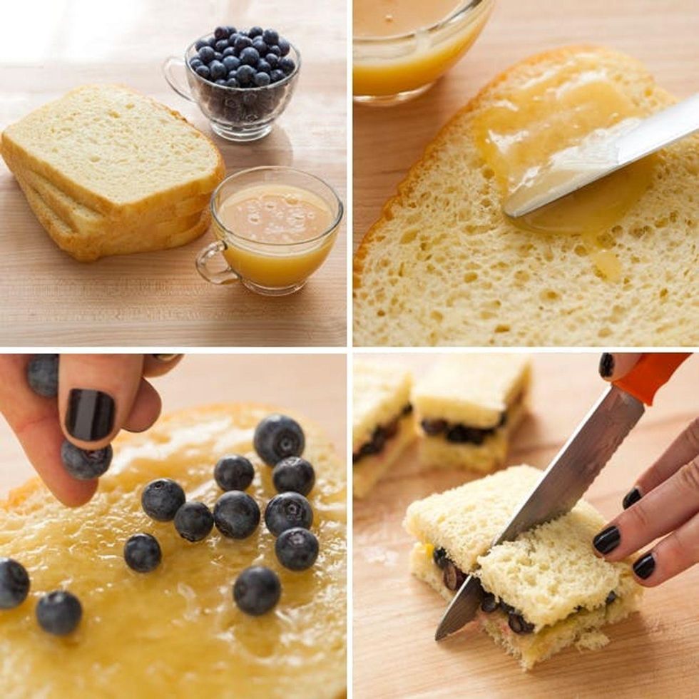 blueberry and lemon curd on brichoe bread for a dessert sandwich