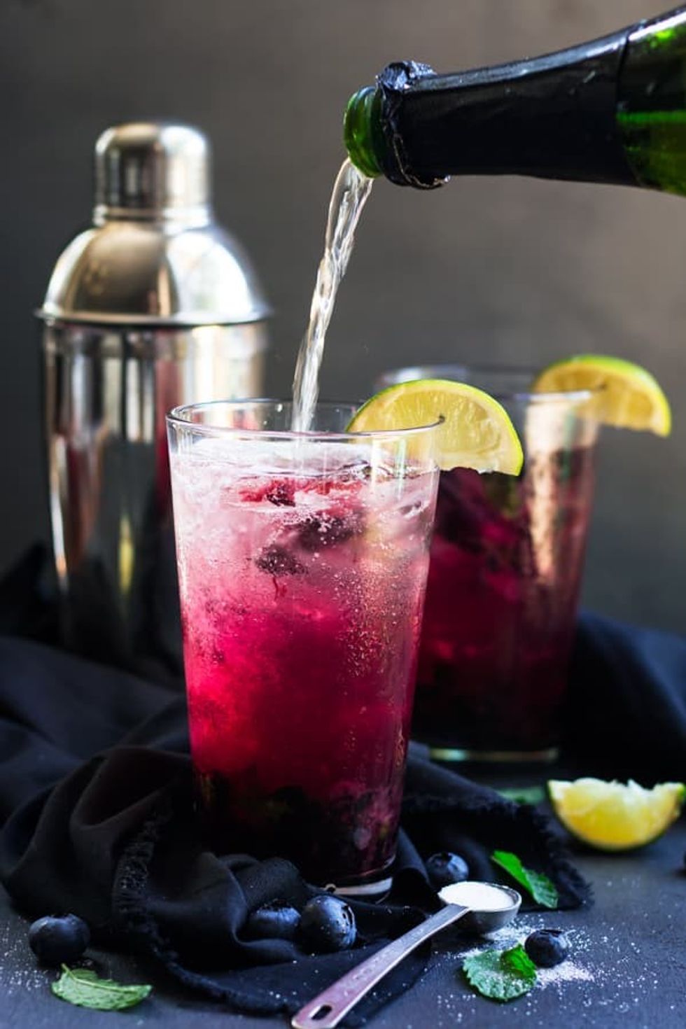 Blueberry Champagne Cocktail with Rum, Lime and Mint