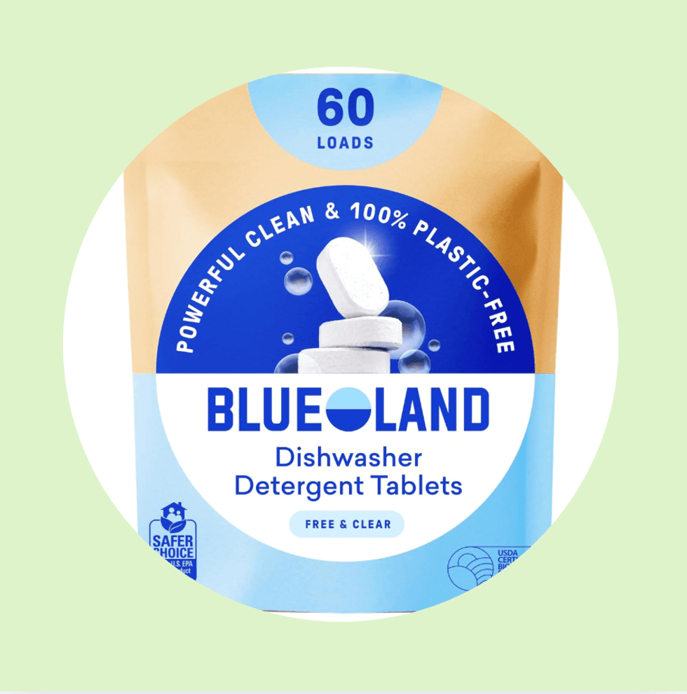 Blueland dishwasher detergent tablets, 60 loads, plastic-free, on a light green background.