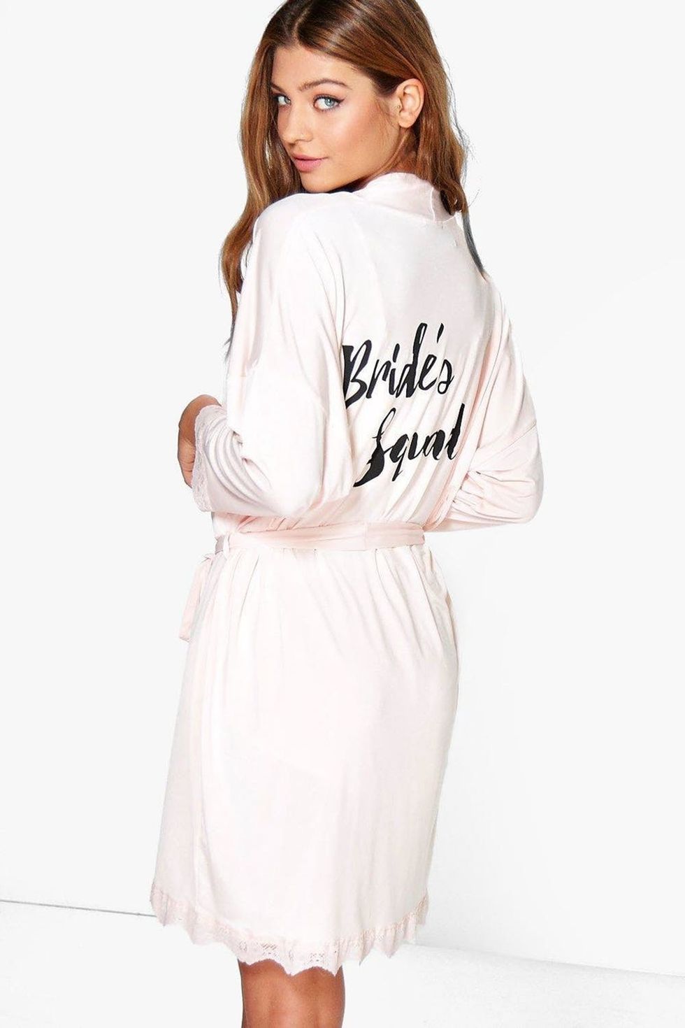 Boohoo Brides Squad Slogan Lace Detail Bridal Robe