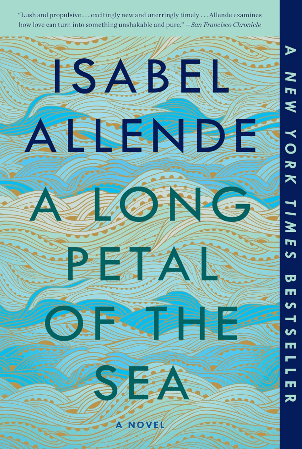 Book cover: "A Long Petal of the Sea" by Isabel Allende, abstract sea wave design.