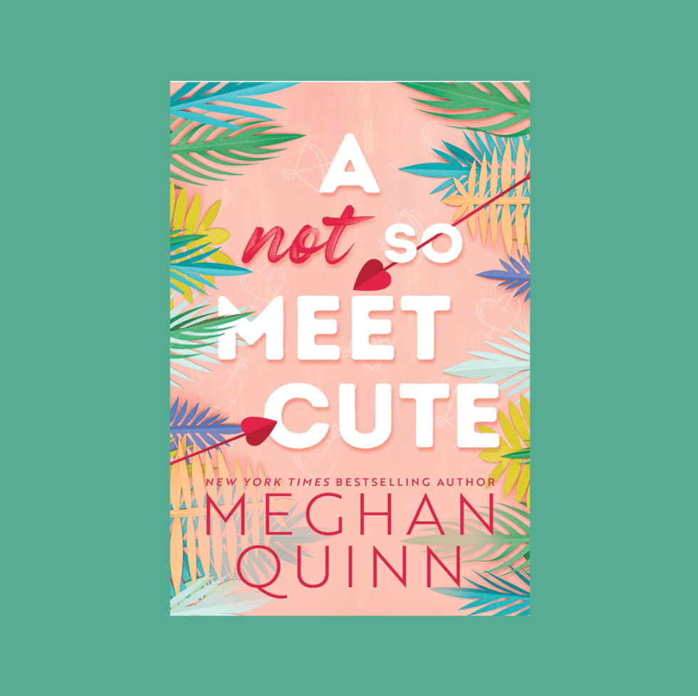 Book cover: "A Not So Meet Cute" by Meghan Quinn with colorful leaves on a pink background.