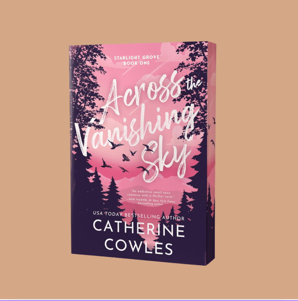 Book cover: "Across the Vanishing Sky" with pink sky and silhouette trees.