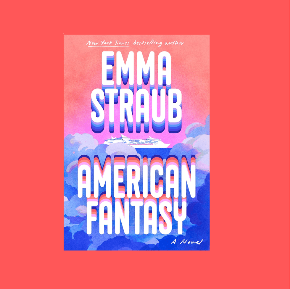 Book cover: "American Fantasy" by Emma Straub, pink and blue with clouds and a cruise ship.