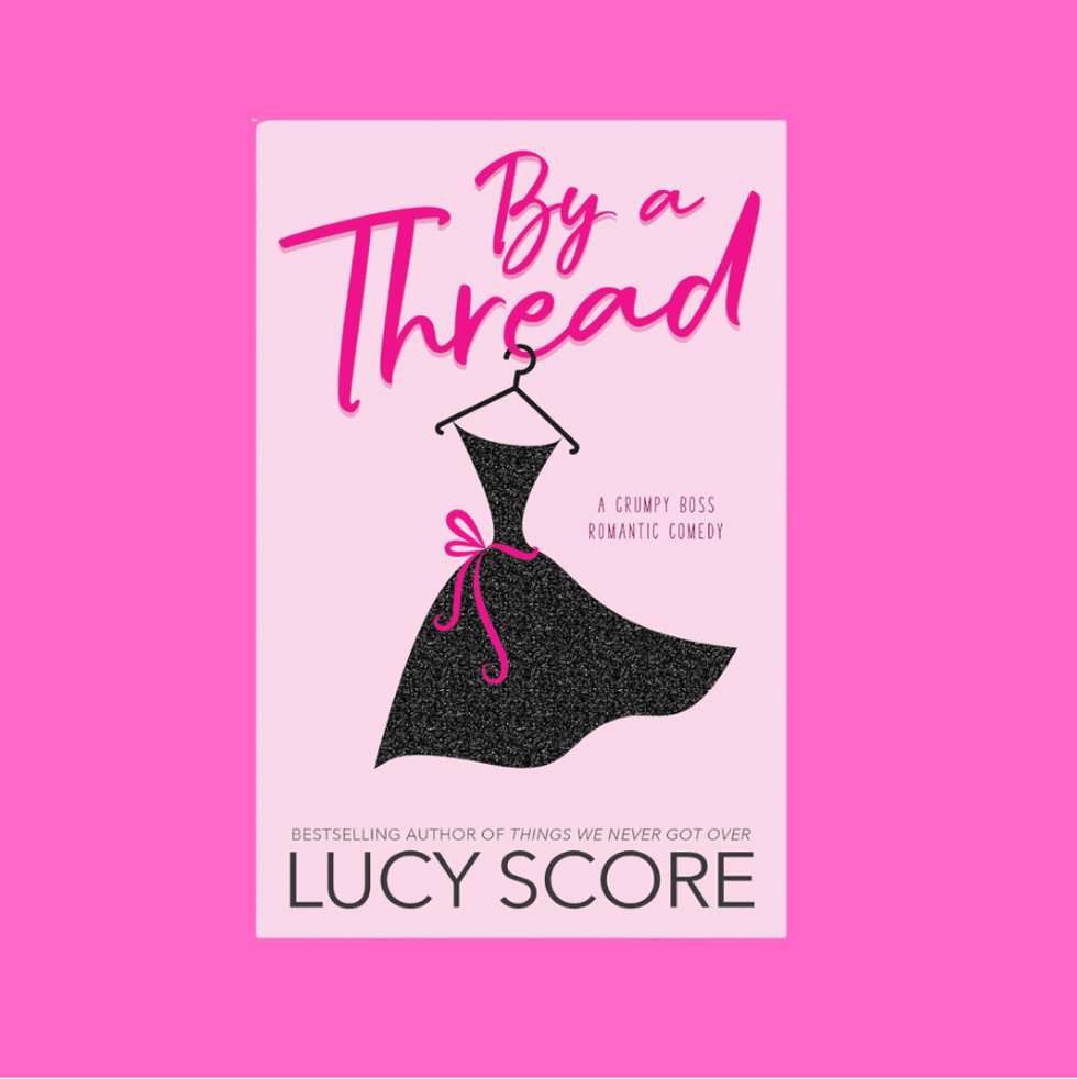 Book cover: "By a Thread" by Lucy Score, with a dress illustration.