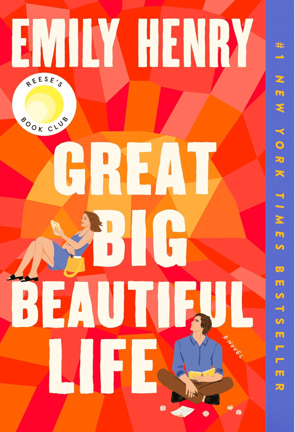 Book cover: "Great Big Beautiful Life" by Emily Henry, features two illustrated people reading.