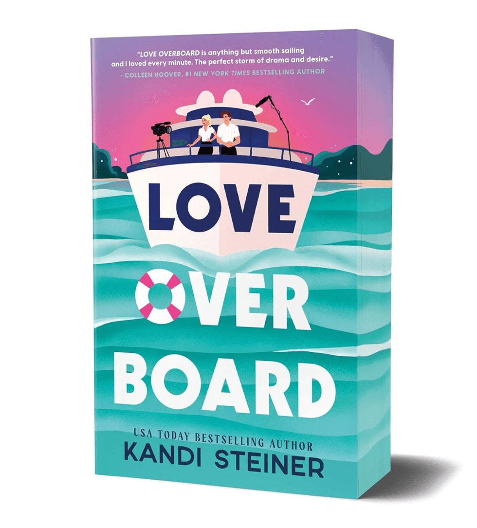 Book cover: "Love Overboard" by Kandi Steiner, features a boat on teal water.