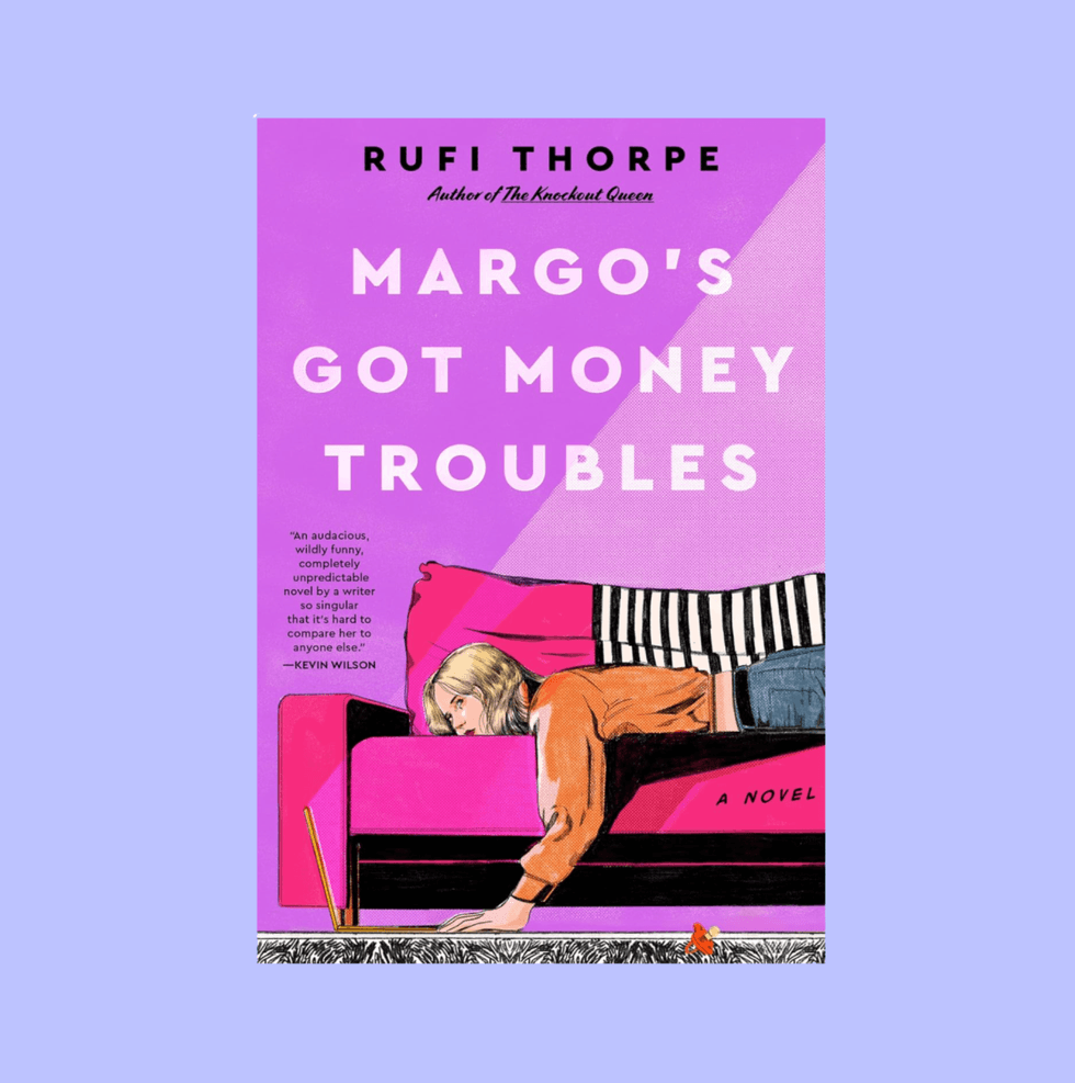 Book cover: "Margo's Got Money Troubles" by Rufi Thorpe, woman under pink couch.