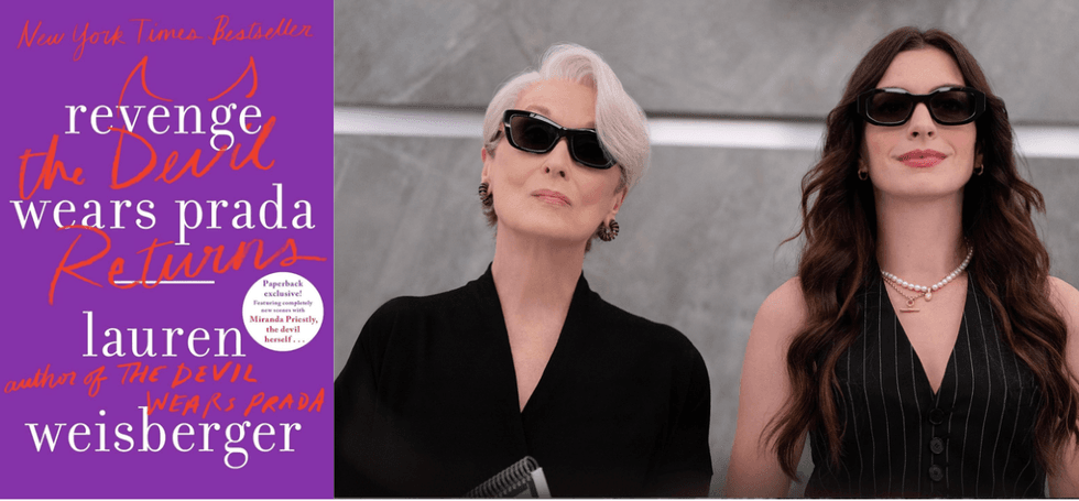 Book cover of "Revenge Wears Prada" next to two women in sunglasses.