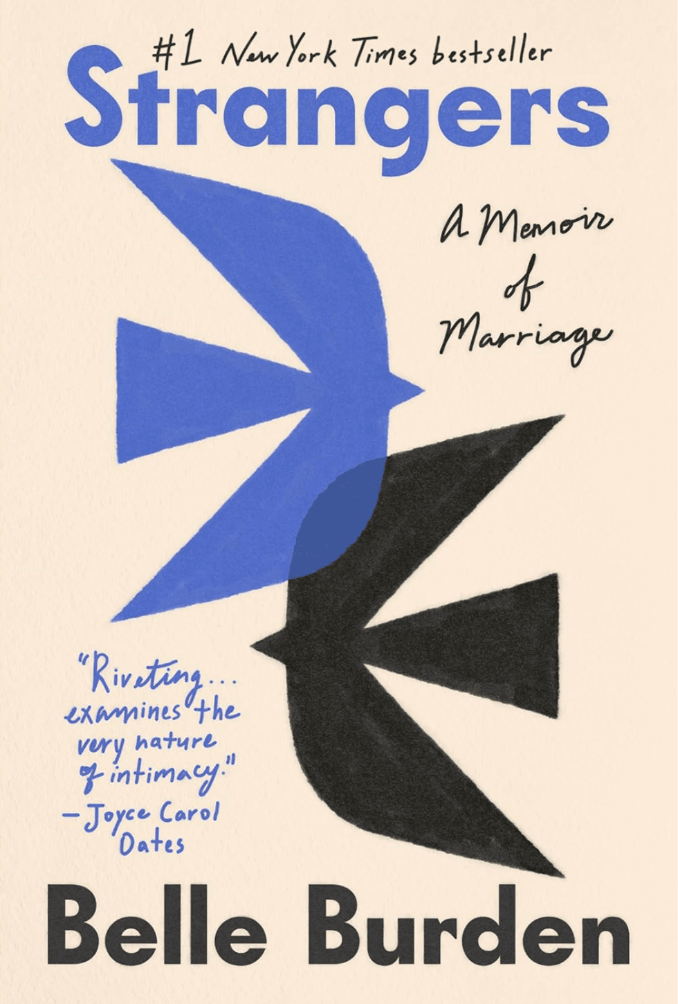 "Book cover of 'Strangers' with abstract blue and black birds on a beige background."