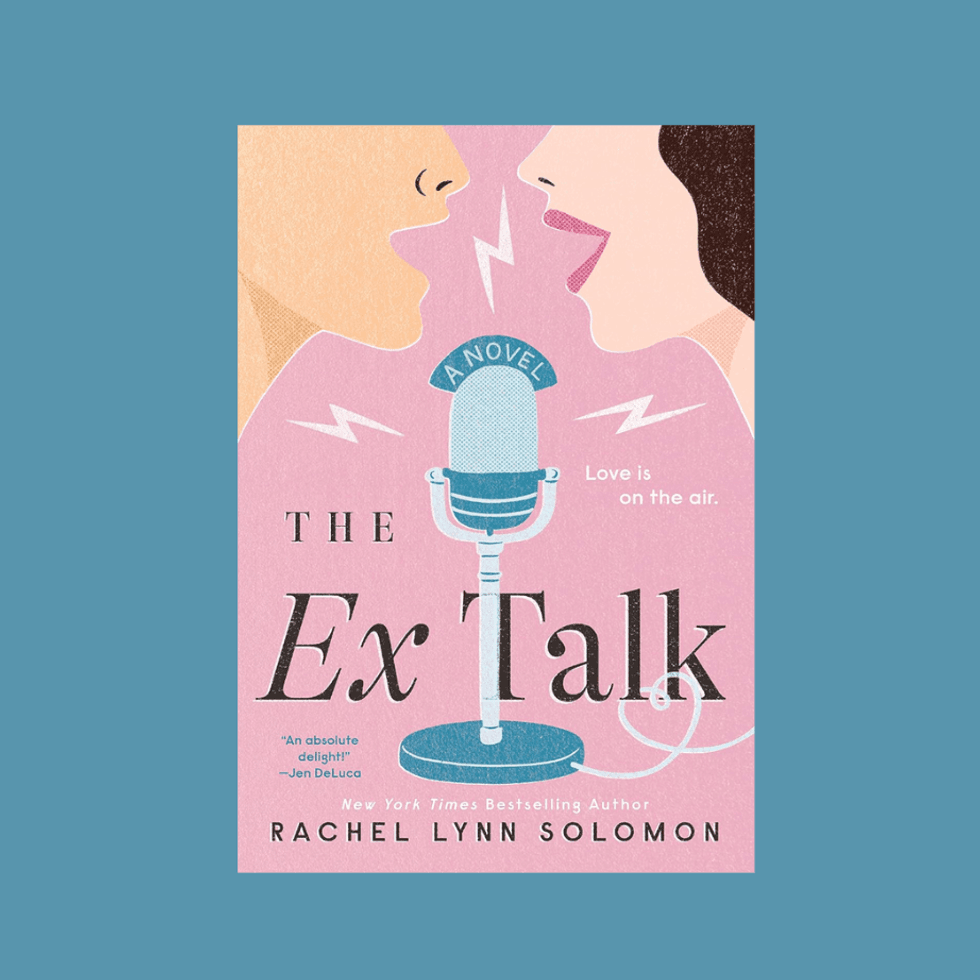 Book cover of "The Ex Talk" with two faces near a microphone.