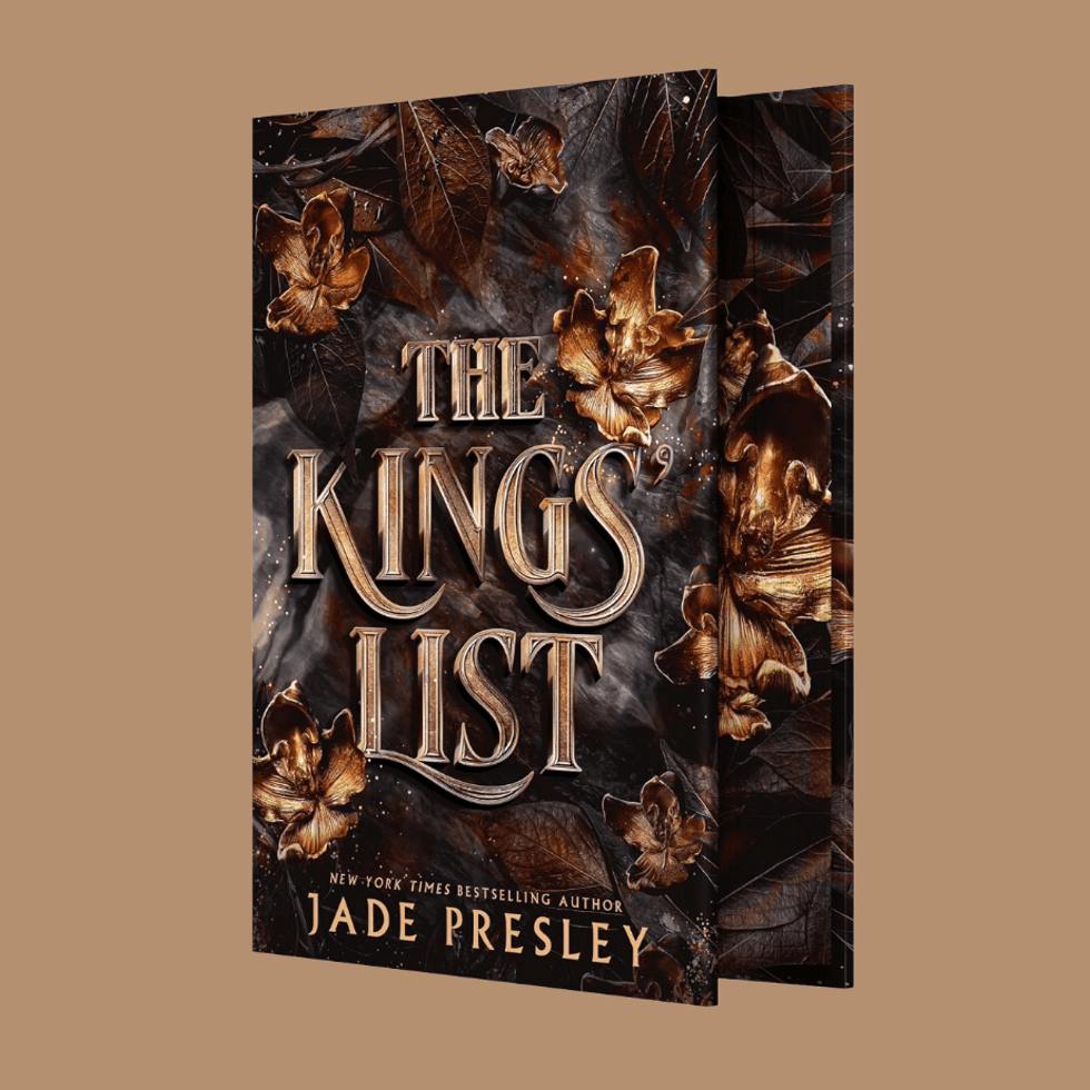 Book cover of "The Kings' List" with gold flowers and leaves.
