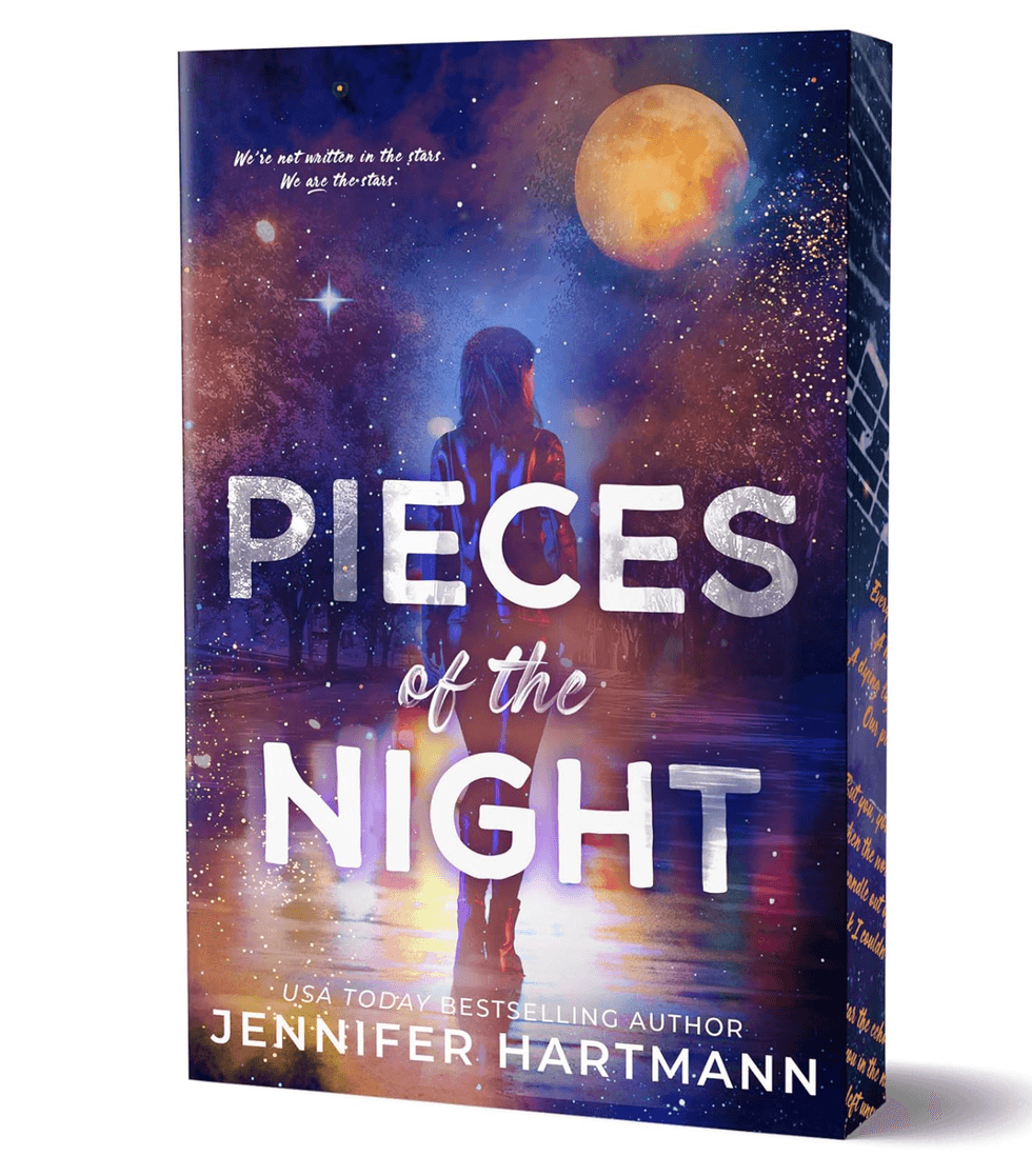 Book cover: "Pieces of the Night" by Jennifer Hartmann, with a woman under a starry sky.
