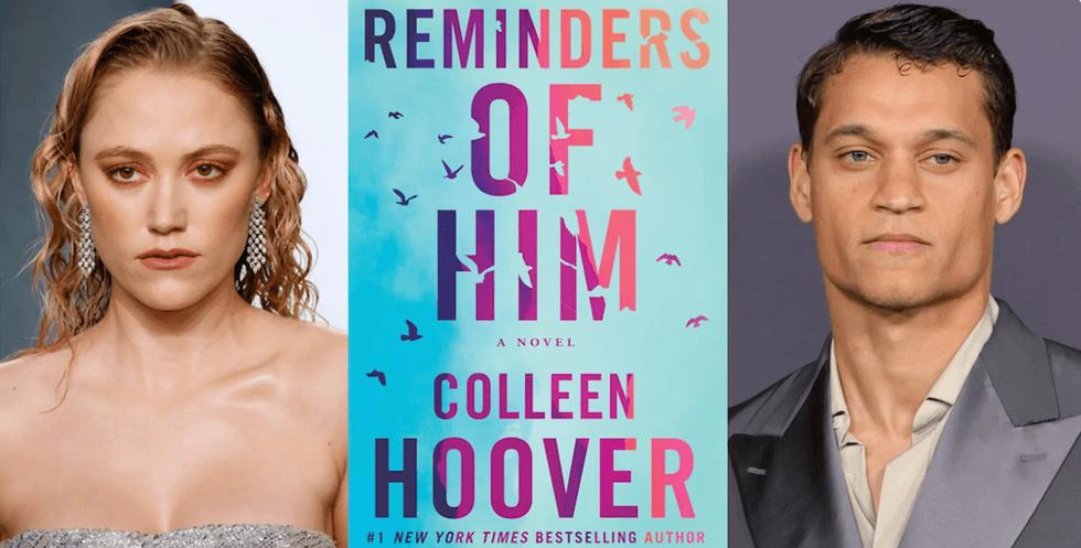 Book cover "Reminders of Him" between two people in formal attire.