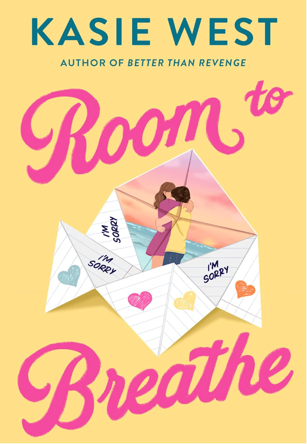Book cover: "Room to Breathe" by Kasie West, with couple hugging inside an origami heart.