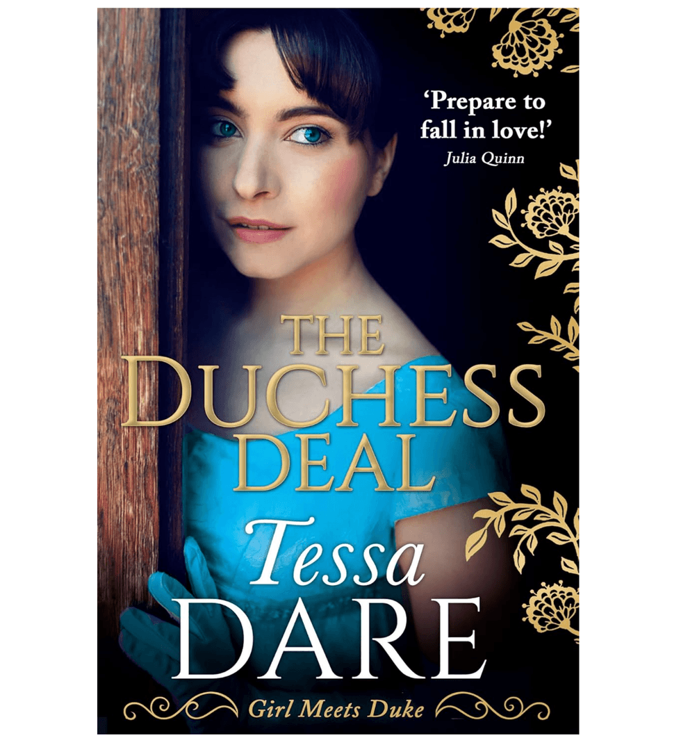 Book cover: "The Duchess Deal" by Tessa Dare, featuring a woman in a blue dress.