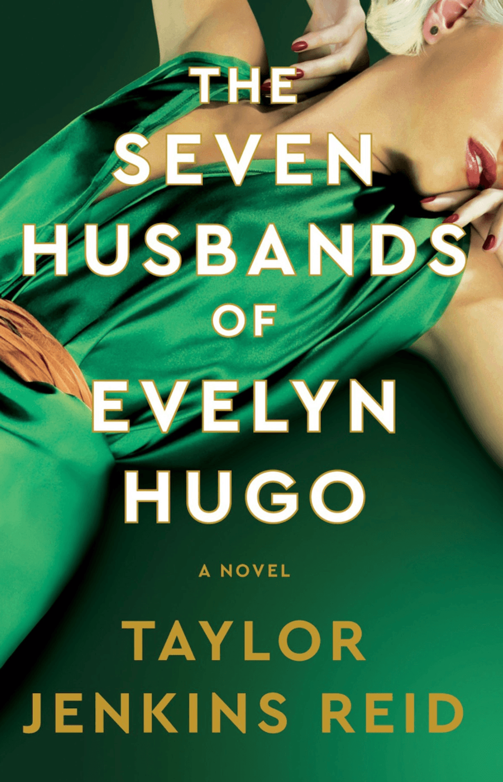 Book cover: "The Seven Husbands of Evelyn Hugo" in bold text, woman in green dress.