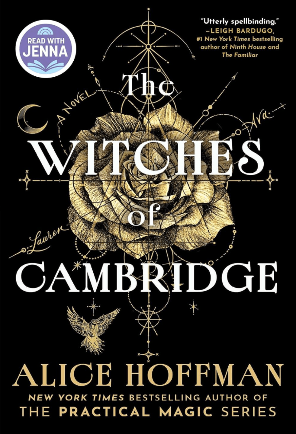 Book cover: "The Witches of Cambridge" with a golden rose and celestial designs.