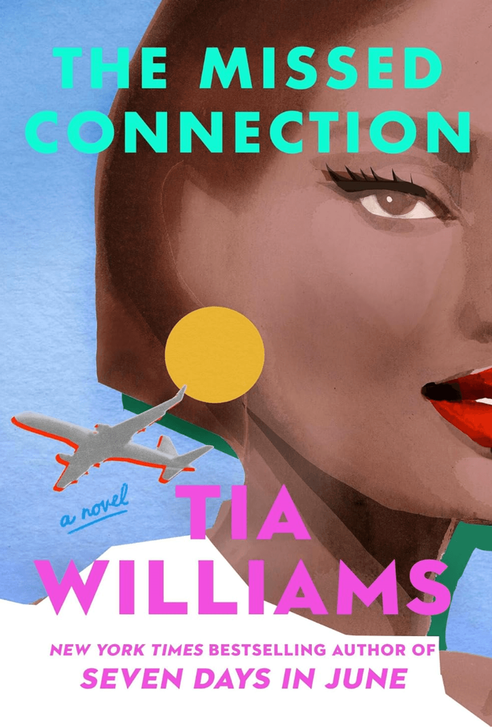 Book cover: Woman's face, plane, and sun illustration, titled "The Missed Connection."