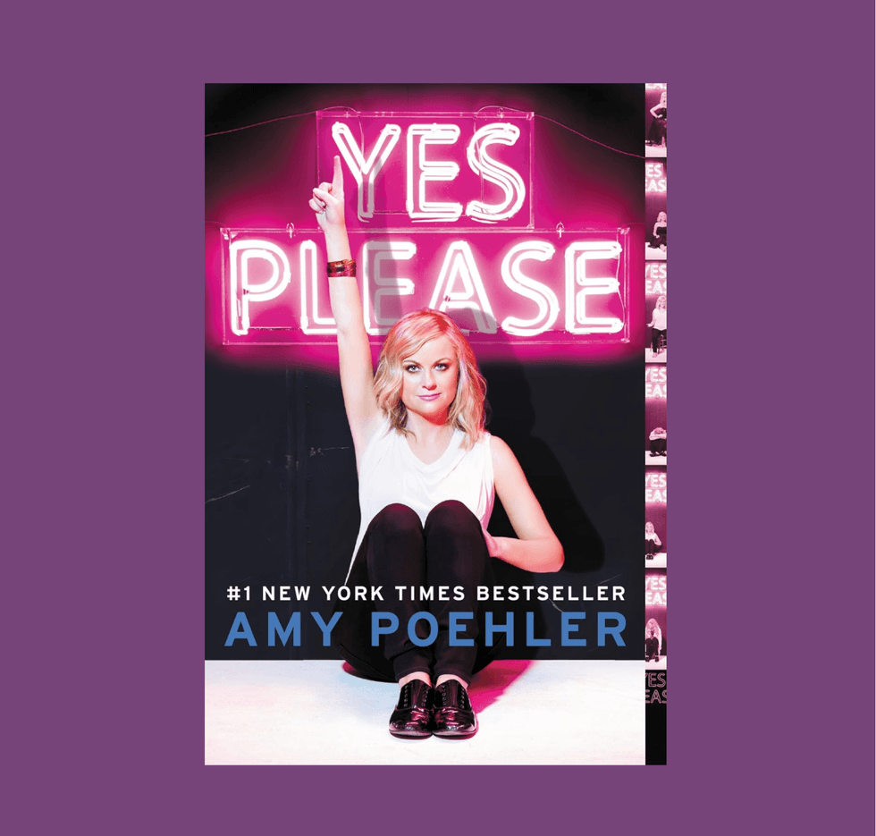 Book cover: "Yes Please." Person seated, pointing up, neon pink sign.