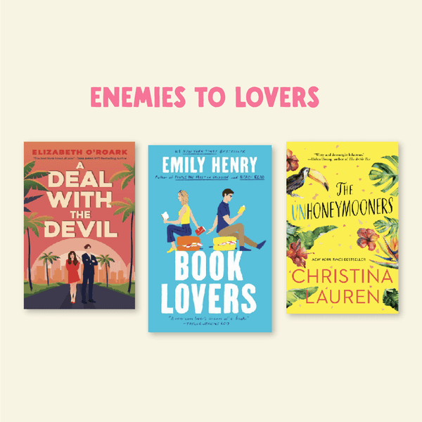 Book covers: "A Deal with the Devil," "Book Lovers," "The Unhoneymooners" (Enemies to Lovers).