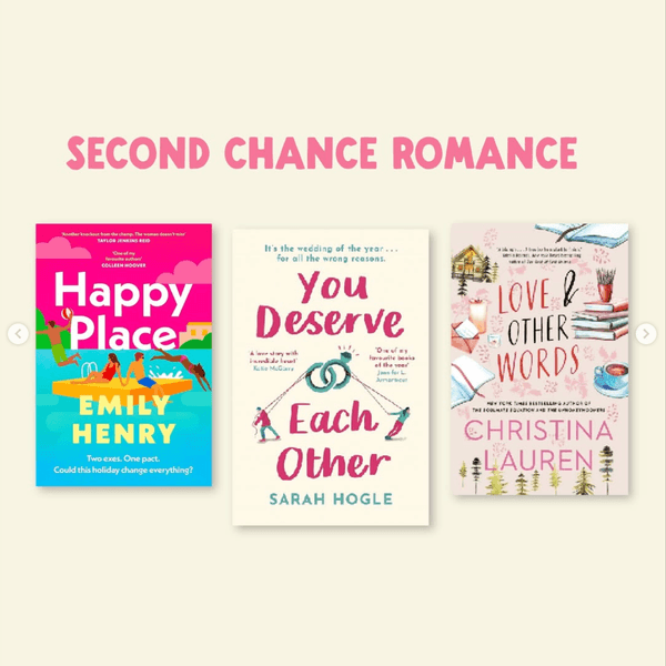 Book covers for "Happy Place," "You Deserve Each Other," and "Love and Other Words."
