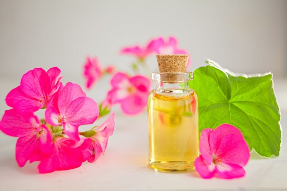 Bottle of yellow essential oil surrounded by geranium flowers. 