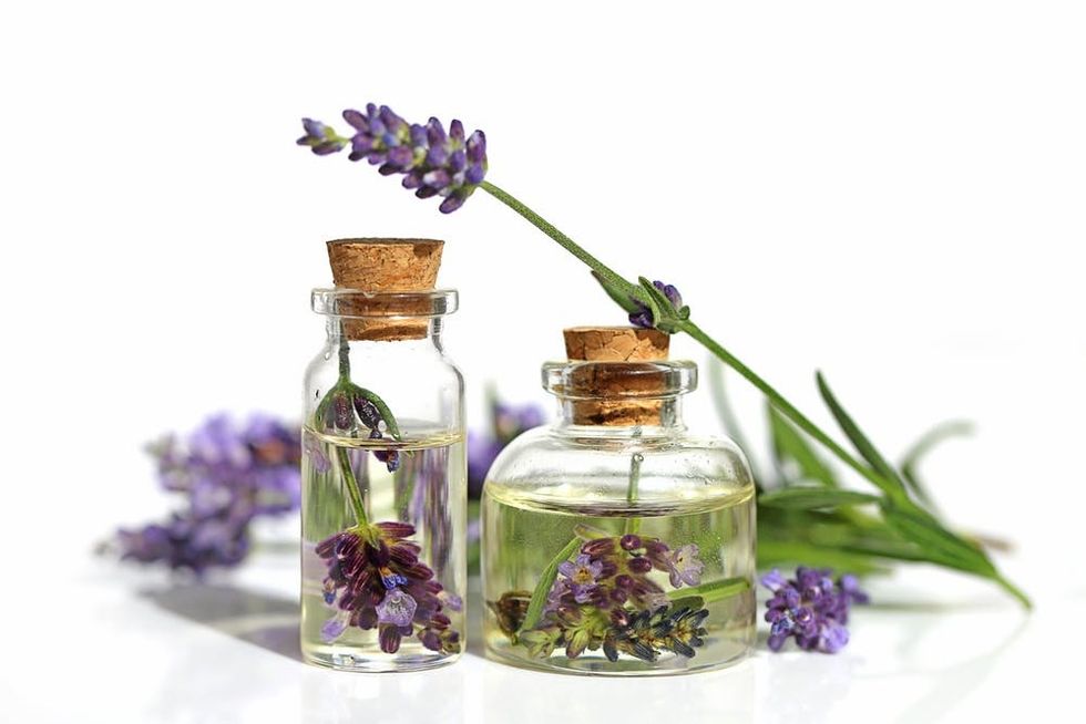 Bottles of lavender oil surrounded by lavender sprigs.