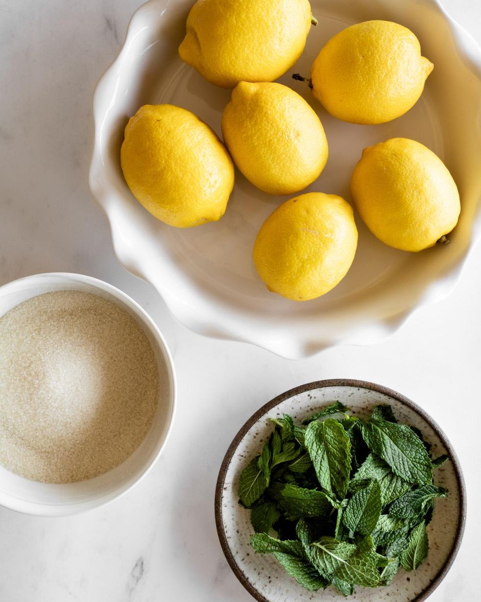 Bowls of fresh mint, sugar and lemons are pictured atop a marble counter