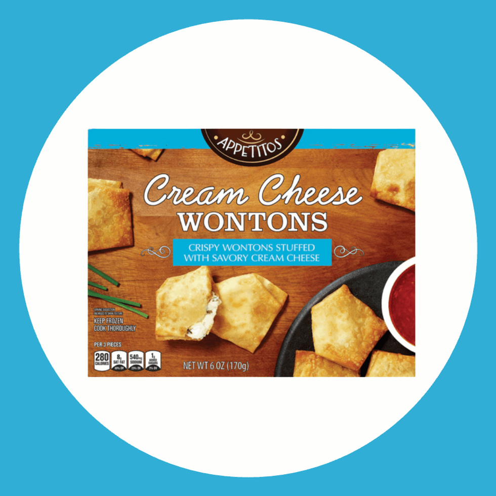 Box of Appetitos Cream Cheese Wontons on a blue and white background.