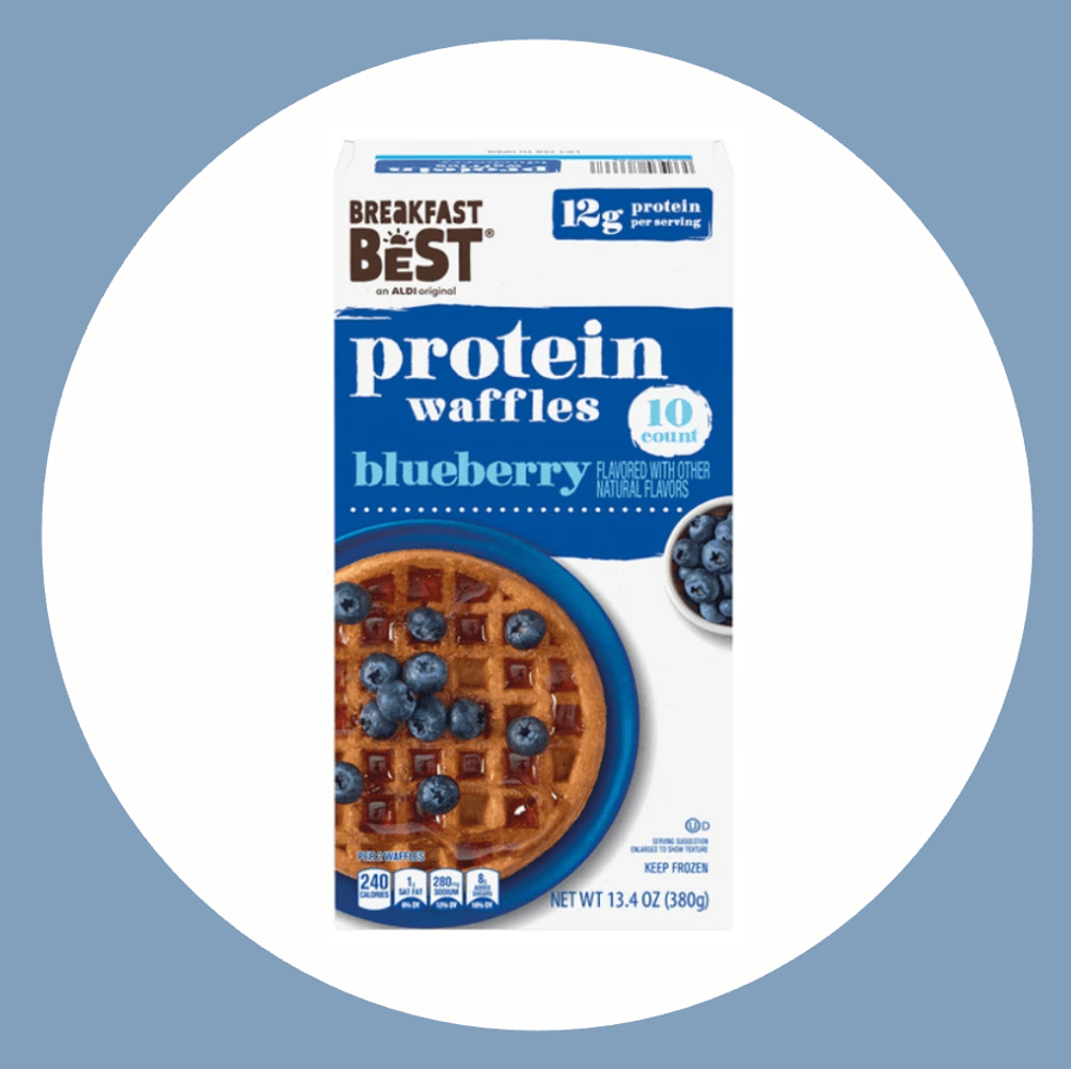 Box of blueberry protein waffles with 12g protein per serving.