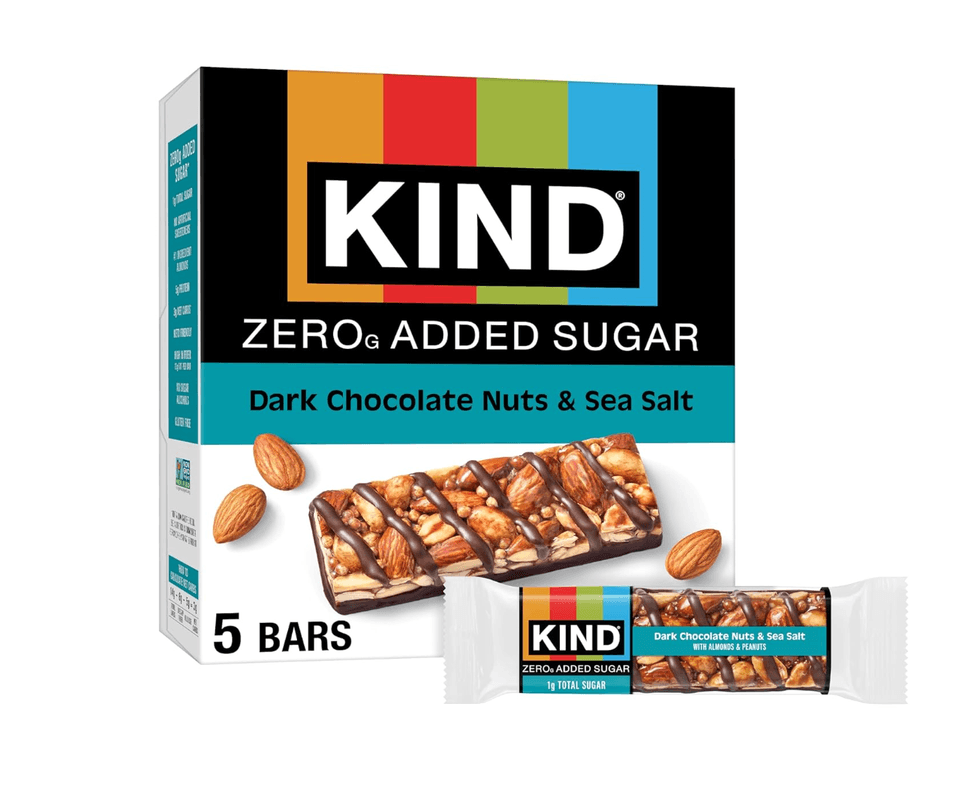 Box of KIND bars, Dark Chocolate Nuts & Sea Salt, zero added sugar, with almonds.