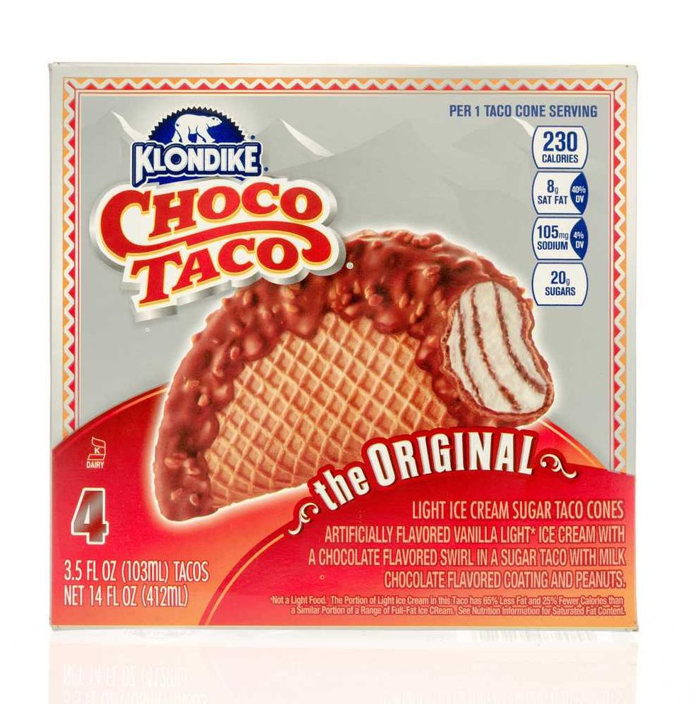 Box of Klondike Choco Taco, a chocolate-covered, waffle cone-shaped ice cream treat.