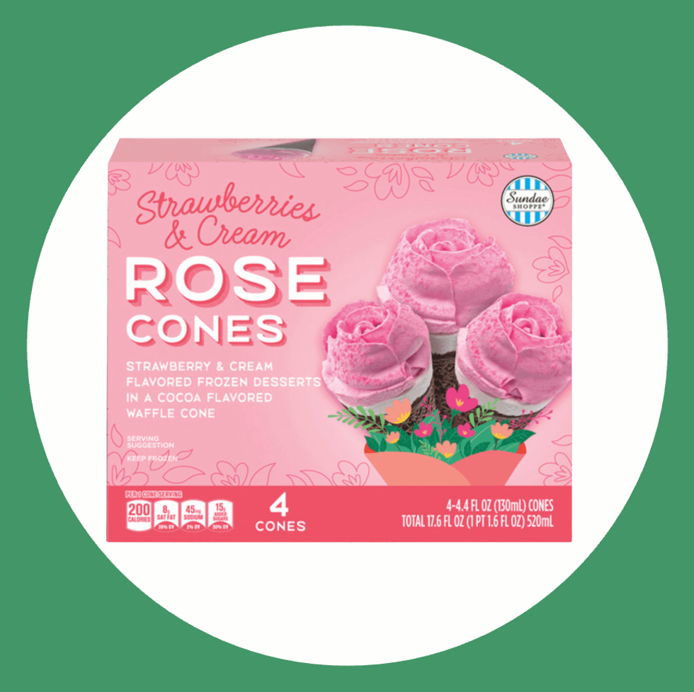 Box of pink strawberry and cream rose-shaped ice cream cones, 4-pack.