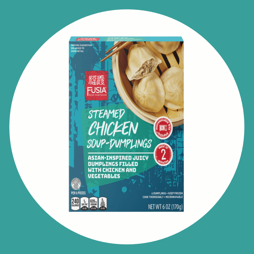 Box of steamed chicken soup dumplings with an Asian-inspired design.