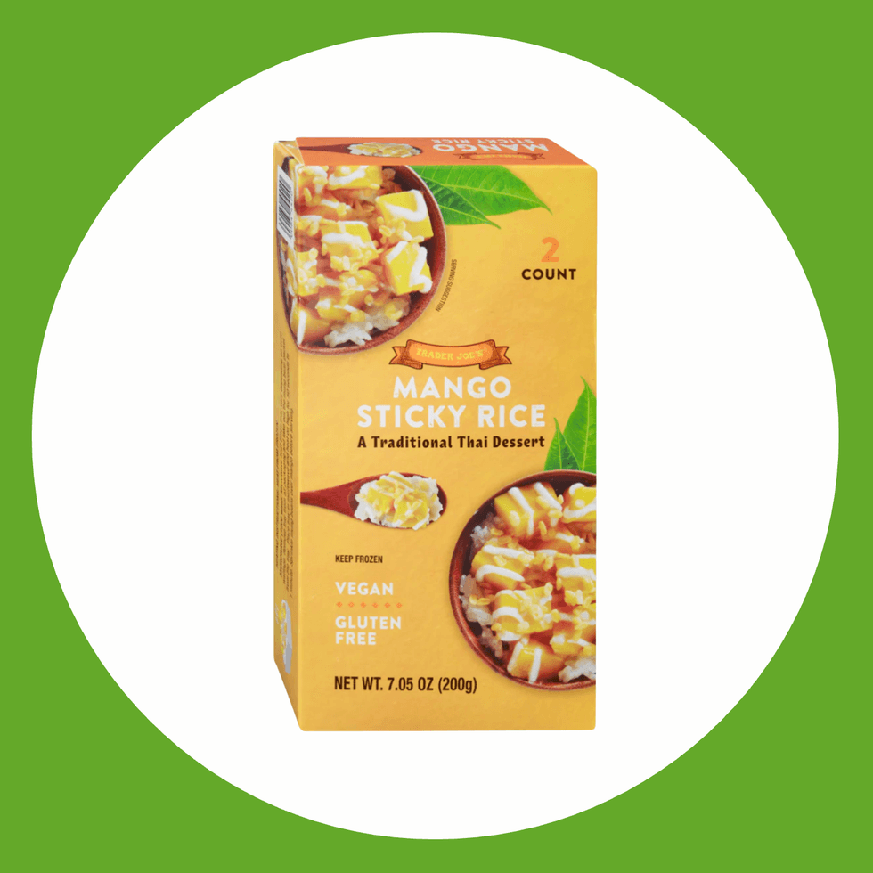Box of Trader Joe's Mango Sticky Rice, a vegan, gluten-free Thai dessert.