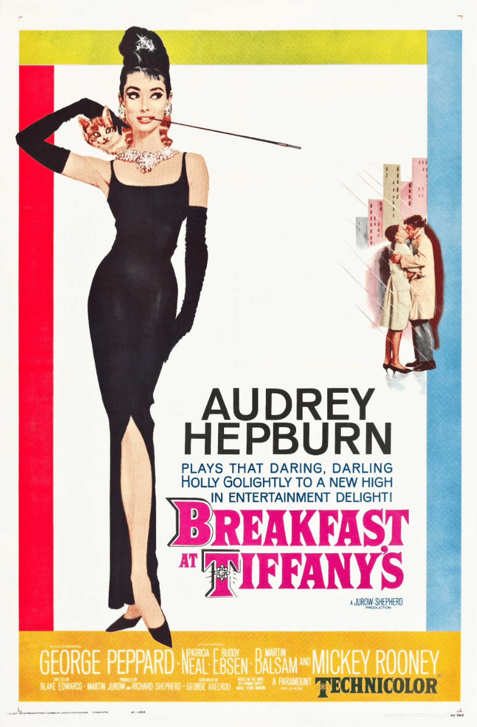 "Breakfast at Tiffany's" poster featuring a woman in a black dress with a cigarette holder.