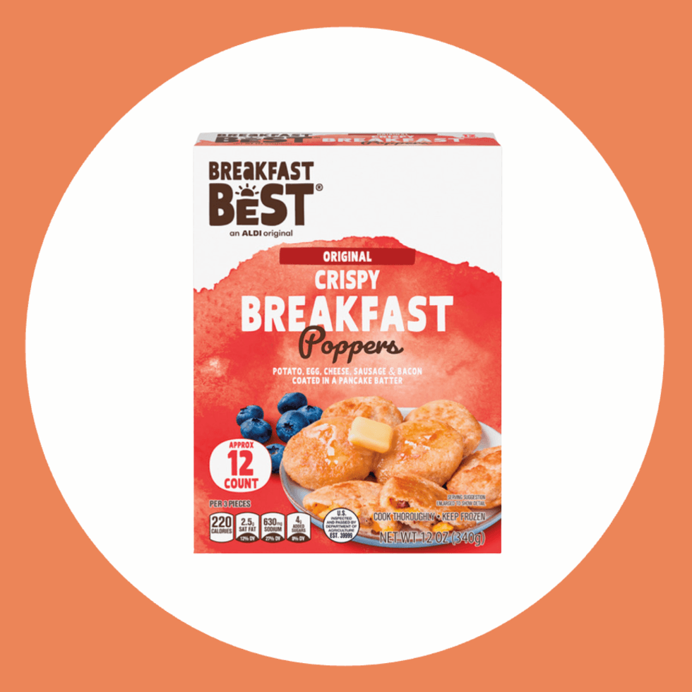 Breakfast poppers box with blueberry and butter imagery.