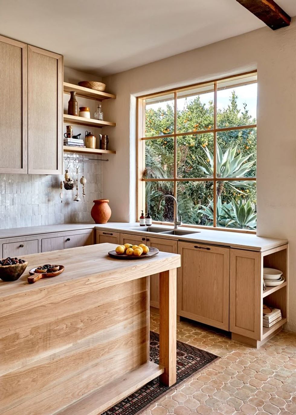 Bright kitchen with wooden cabinetry, large window, island, and lush outdoor view.
