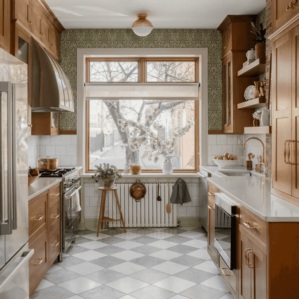 Bright kitchen with wooden cabinets, big window, checkerboard floor, and copper accents.
