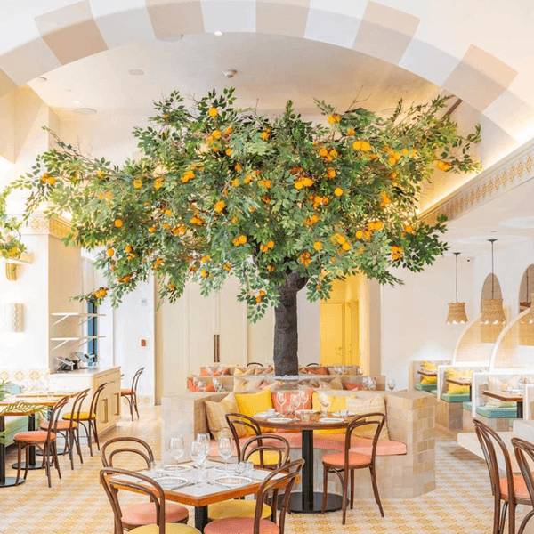 Bright restaurant with orange tree décor, wooden chairs, and patterned floor tiles.