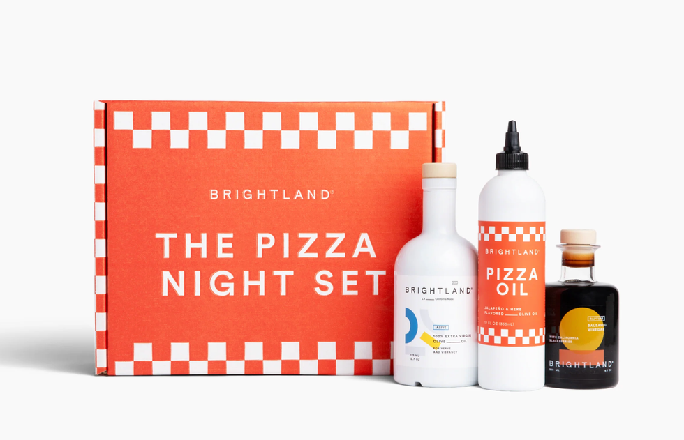 Brightland Pizza Night Set with olive oil, pizza oil, and balsamic vinegar bottles.