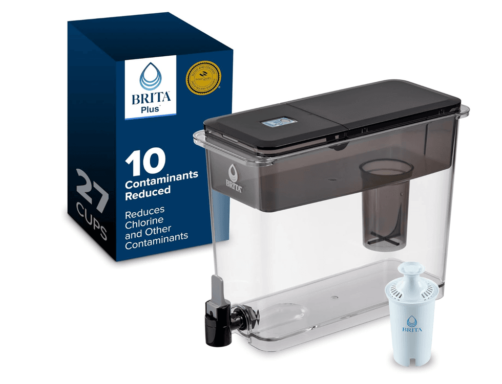 Brita water filter with a filter cartridge and packaging, reduces 10 contaminants, 27-cup size.