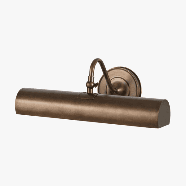 Bronze wall-mounted picture light with a curved arm and cylindrical shade.
