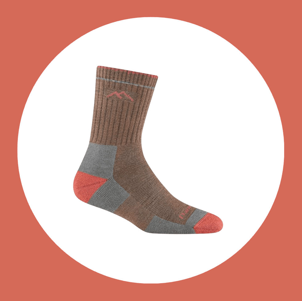 Brown and gray wool sock with red accents on a white circle background.