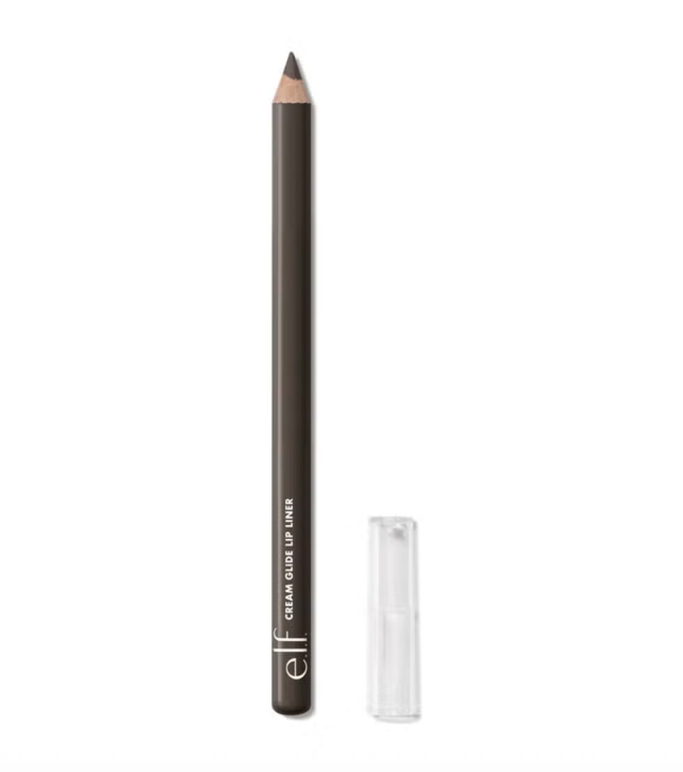 Brown lip liner pencil with a clear cap beside it on white background.