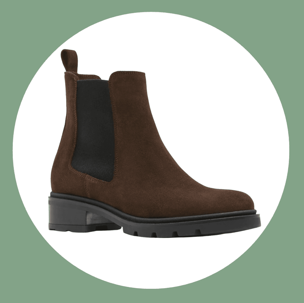 Brown suede Chelsea boot with a black elastic panel and chunky sole.