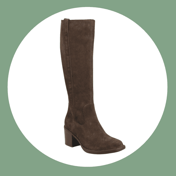 Brown suede knee-high boot with a side zipper and chunky black heel.